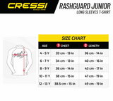Cressi Junior Rashguard size chart with age, chest, and length measurements.