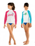 Two children wearing Cressi branded long-sleeve swimsuits on a white background