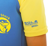 Blue and yellow swim shirt with shark design and 'SOL Protection' branding.