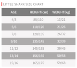 Little Shark size chart showing age, height, and weight measurements.